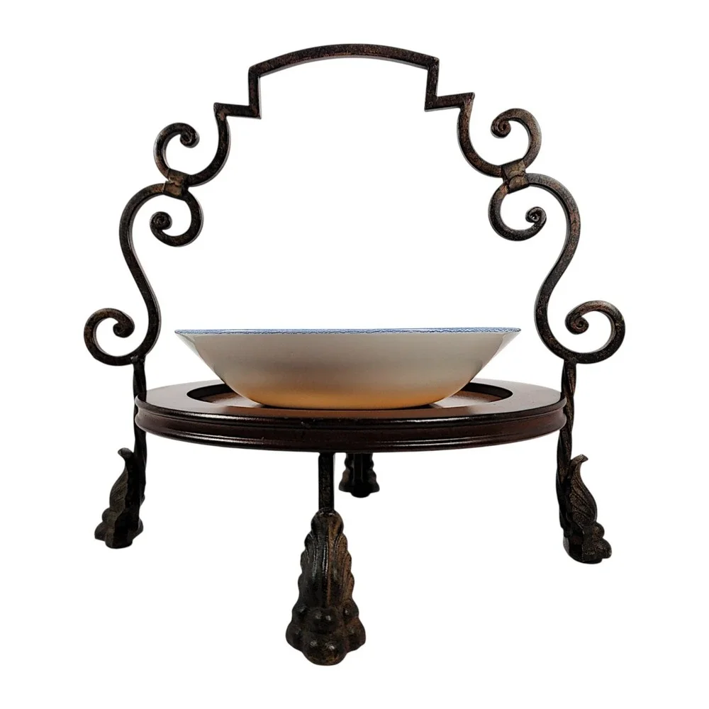 Vintage Wood Round Centerpiece Tray with Metal Handle